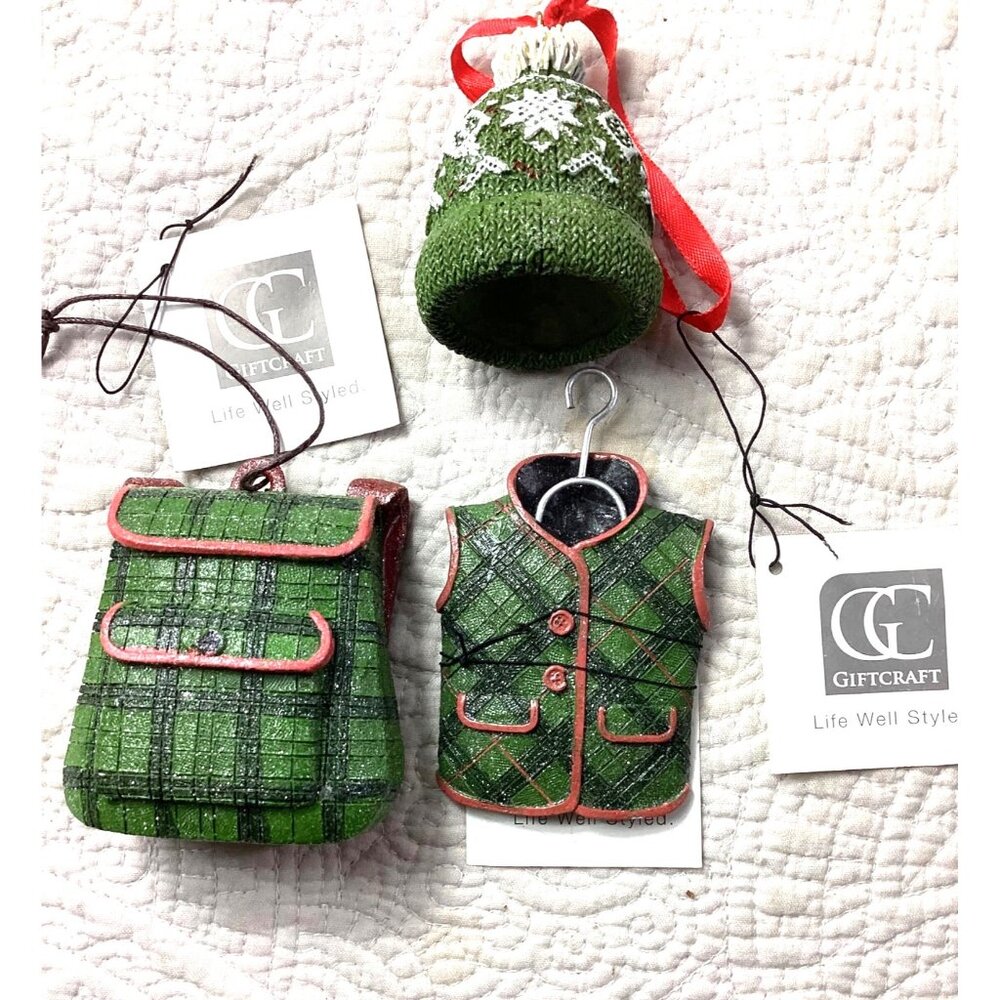 Giftcraft Green Plaid Backpack Vest & Knit Hat Christmas Ornaments Set Of 3*New